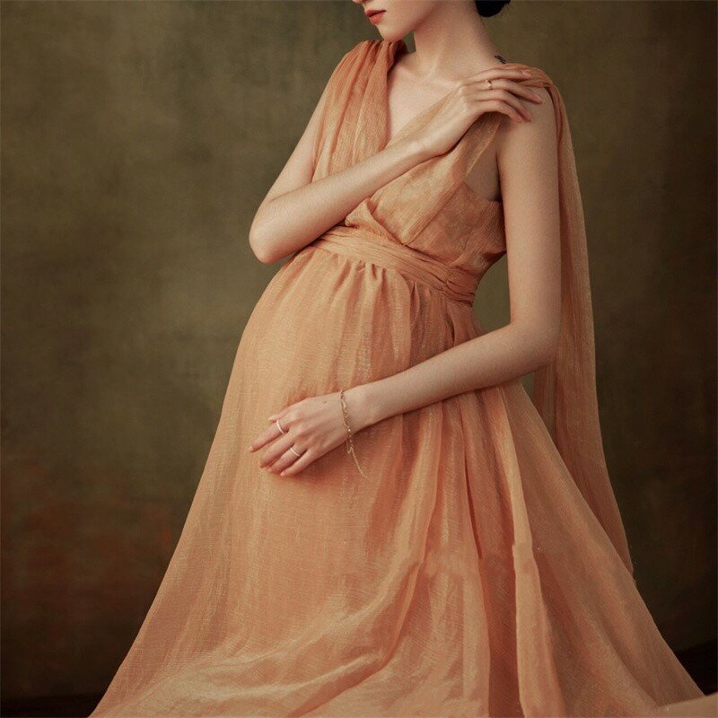 Vintage Maternity Photography Dress Retro Sleeveless V-neck Maternity Dress Long Tulle Baby Shower Robe Studio Photo Shoot Props