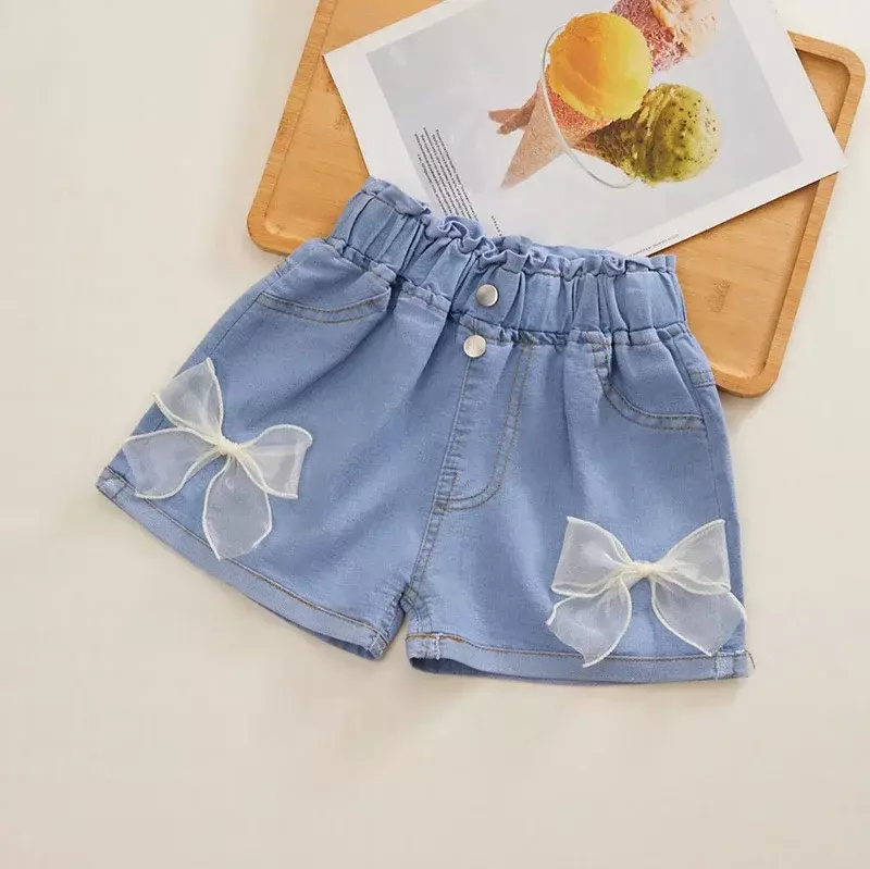 Pantalones cortos de vaquero con cintura elástica para niñas, bermuda femenina de princesa con estampado de flores a la moda para verano