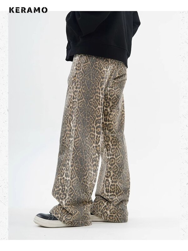 Pantalones vaqueros Vintage con estampado de leopardo para mujer, pantalón informal de gran tamaño, de pierna ancha, Pantera de cintura alta, Primavera
