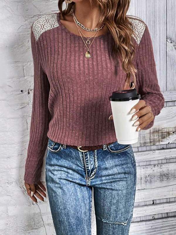 2023 Autumn Lace Sweater Women Pullover Knitted Sweaters Female Jumper Ladies O-neck Casual Long Sleeve Sweater for Women