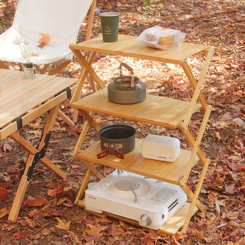 Rack da esterno da campeggio pieghevole multistrato portatile senza installazione Rack di stoccaggio in bambù tavolo pieghevole multifunzionale (senza borsa)