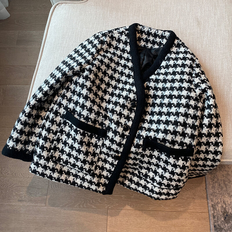 Office Lady Houndstooth Vintage Coat 2023 Autumn Winter Wool Blend Korean Tweed Jacket Plus Size Single Breasted Loose Outwear