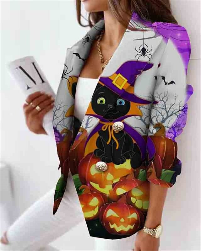 Chaqueta con estampado de calabaza de Halloween para mujer, doble botonadura transpirable con ropa de abrigo, informal, manga larga, otoño