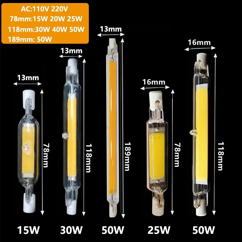 Bombilla COB de tubo de vidrio LED R7S, 78MM, 118MM, lámpara de maíz R7S de alta potencia J78 J118, reemplaza la luz halógena AC 110V 220V