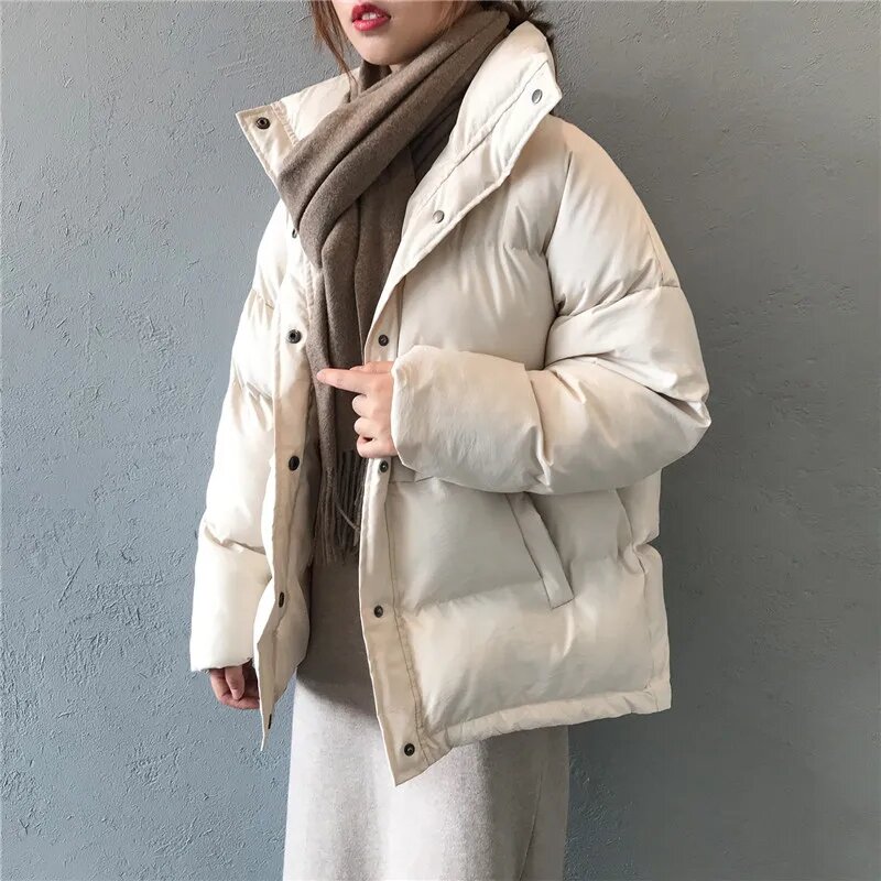 Модная однотонная женская зимняя пуховая хлопковая куртка с воротником-стойкой, короткое пальто, однобортная пуховая парка, Женская шикарная верхняя одежда для женщин