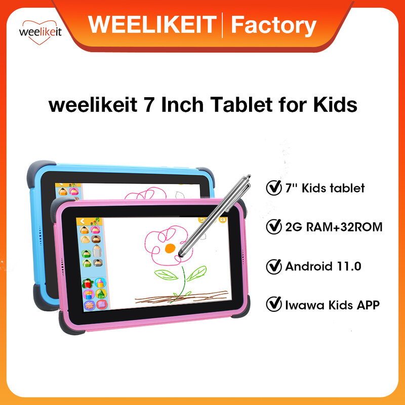 Weelikeit-Tableta de 7 pulgadas para niños, Tablet con Android 11,0, 1024x600, IPS, para estudio, 2GB, 32GB, cuatro núcleos, aplicación de Control para Padres