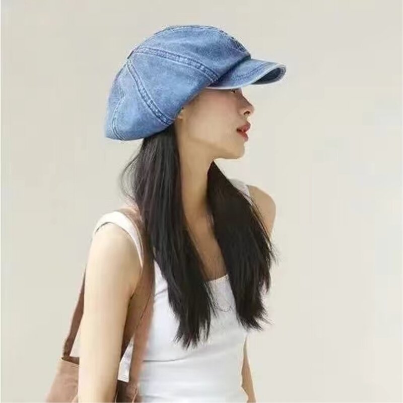 Vintage Women Denim Beret Octagonal Hats Classic Washed Cotton Newsboy Caps Beret Hat Flat Brim Female Spring Painter Berets Cap