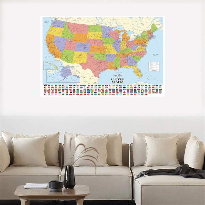 225*150cm peta Amerika Serikat dengan bendera negara detail peta Amerika lukisan kanvas bukan tenunan perlengkapan sekolah Dekorasi Rumah