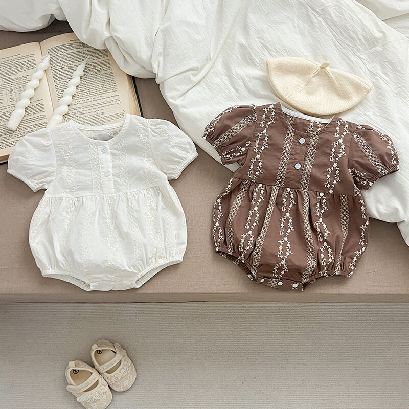 2024 nowe letnie ubrania dla dzieci 0-24M niemowlęta dziewczynki body z krótkim rękawem bawełniana haftowana malucha dziewczyny kombinezon