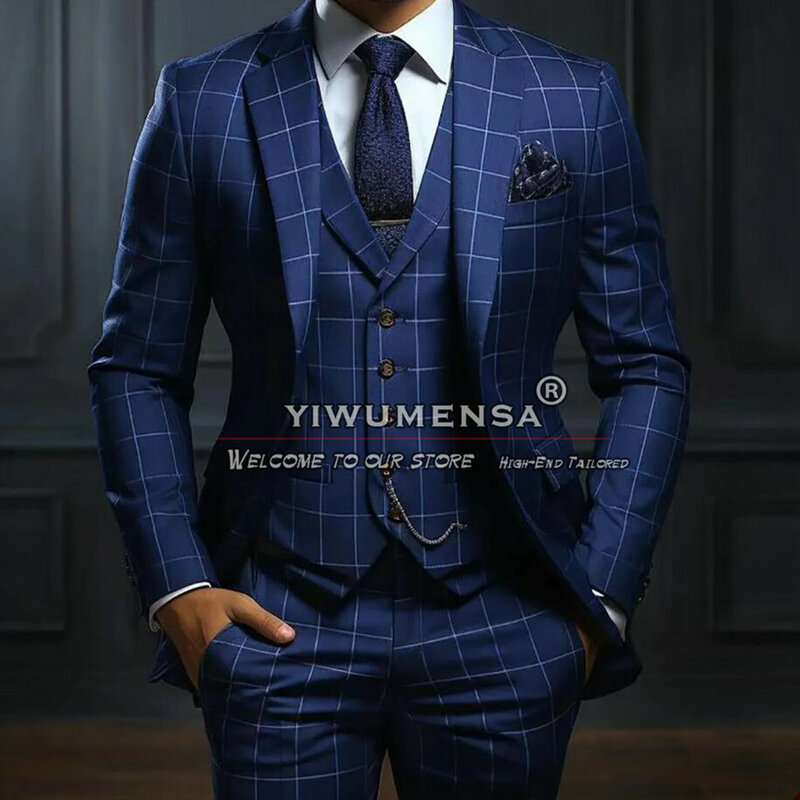 Vintage Business Suits Men Navy Striped Plaid Checked Jacket Vest Pants 3 Pieces Prom Blazer Custom Made Groom Wedding Tuxedos
