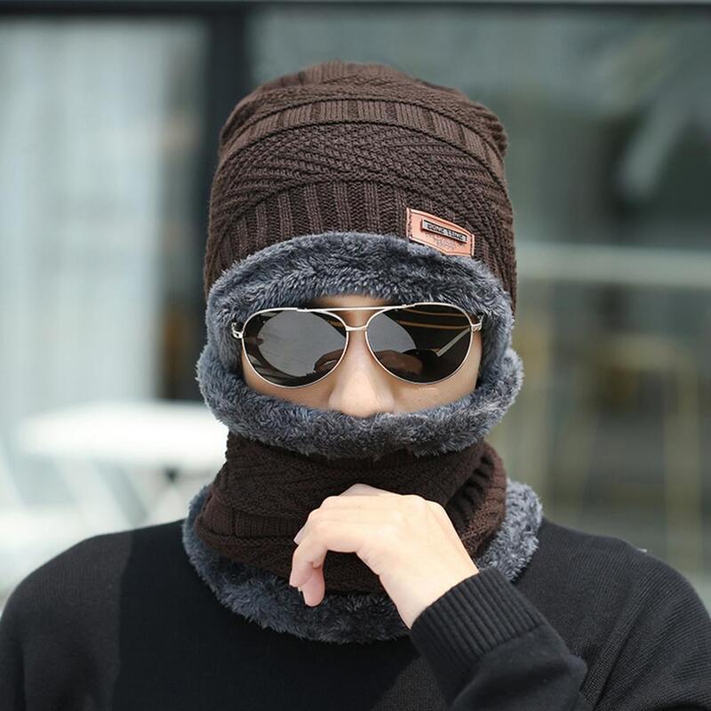 1 Set di guanti per sciarpa con cappello invernale da uomo Set di guanti elastici con berretto lavorato a maglia spesso Set di guanti in ordito con cappuccio antivento