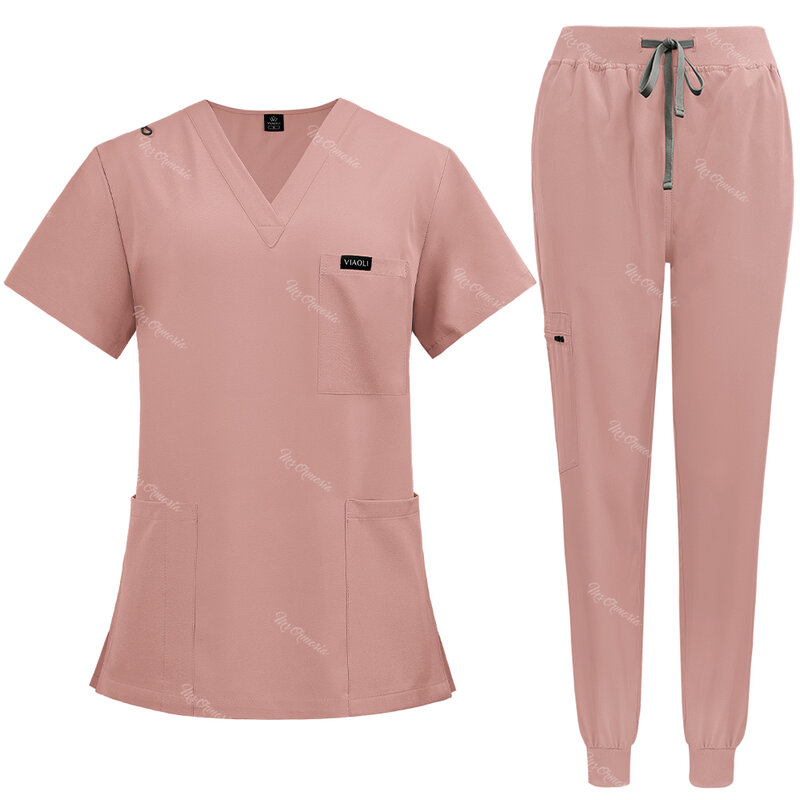 Medical Women Scrub Set Stretch Work Uniforms Easy Fit Scrubs Top Pants Jogger Set Hospital Nurse Uniform Dentist Clinical Suits