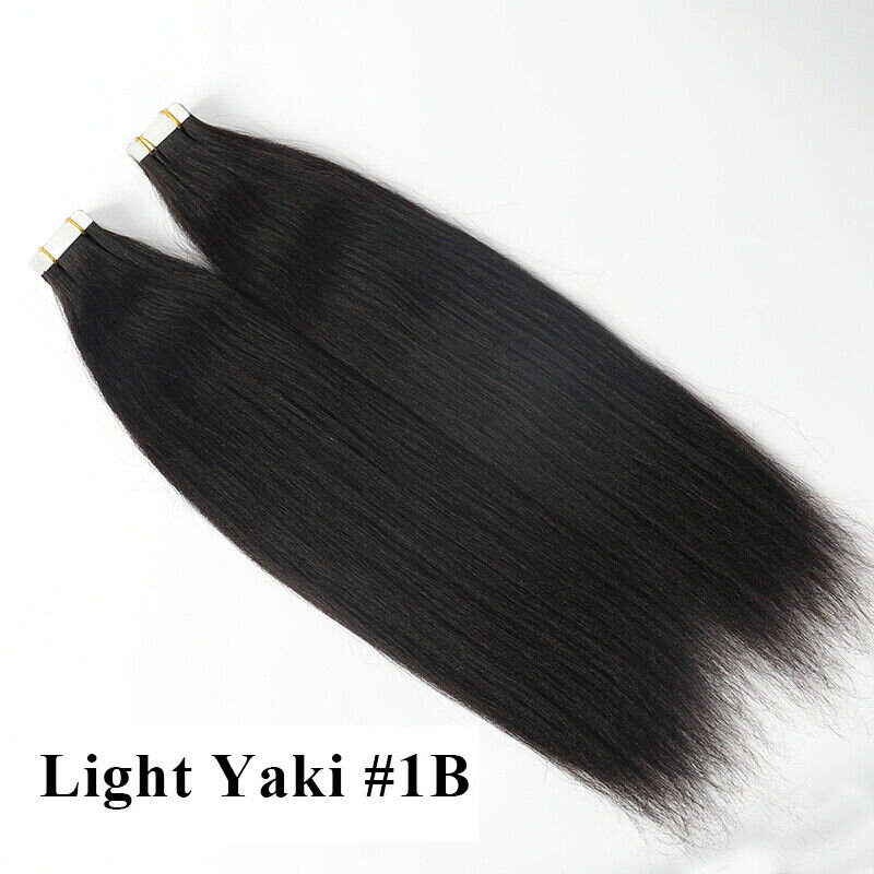 Yaki-Cinta recta en extensiones de cabello, 14-26 pulgadas, cabello humano virgen Real, cinta de trama de piel en pegamento de trama doble en extensiones de cabello