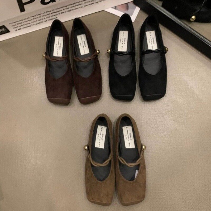 Comemore French Retro Mary Jane Shoes Women 2024 Spring Summer Flats Buckle Strap Flat Square Toe Shallow Mouth Suede Shoe Pumps