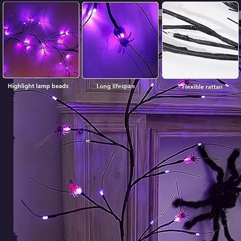 ハロウィーンのバインストリングライト、スパイダーデコレーション、屋内および屋外の木の装飾を備えた黒と紫の色