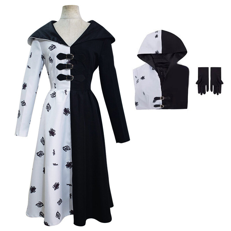 Cruella De Vil fantasia de cosplay feminina, preto, branco, vestido de empregada com luvas, capuz, saia, perucas, roupas, festa de Halloween
