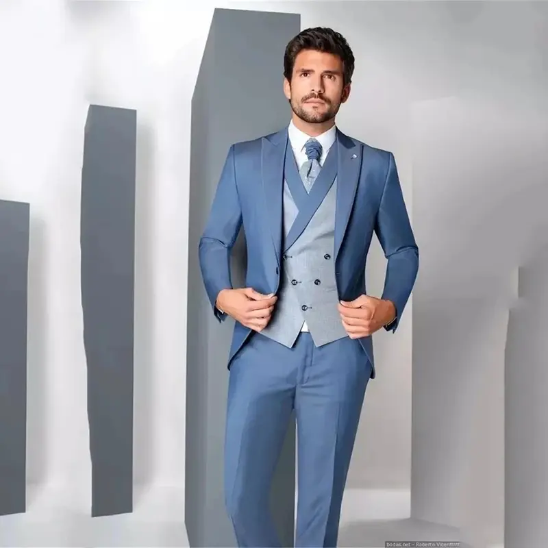 Slim Fit garnitury męskie na ślub 3 sztuki klapa zamknięta formalne odzież dla pana młodego biznesowe smokingi kostium Homme (blezer + kamizelka + spodnie)