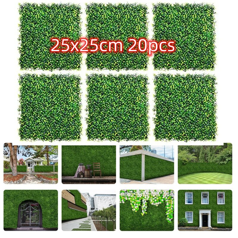 Paneles de boj artificiales, plantas de Seto topiario, flores, 25x25cm, protección UV, Panel de pared de hierba, 10/20 piezas