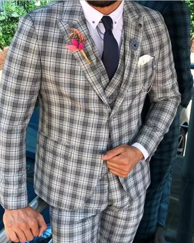 Tailor Made Xadrez Mens Ternos Clássico Formal Negócios Blazer Casamento Noivo Tuxedo 3 Peça Define Costume Homme (Jacket + Vest + Calças)