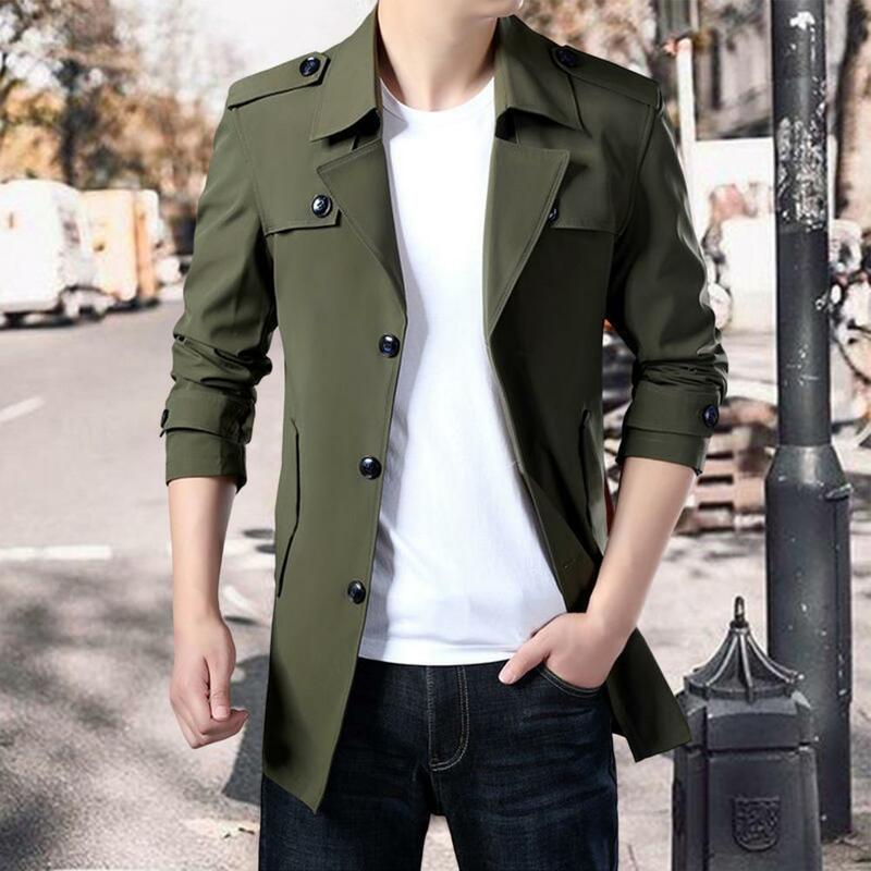 Moda masculina lapela mangas compridas bolsos botões fechamento masculino blusão primavera outono meados de comprimento grosso negócios casaco