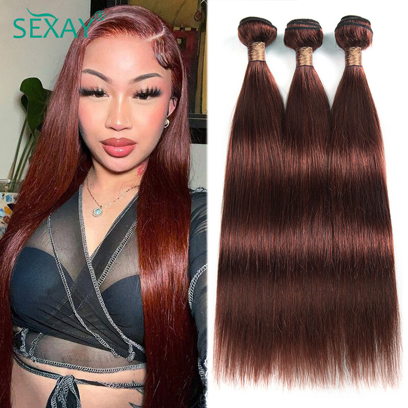 Pacotes de cabelo humano retos marrons avermelhados longos, tecelagem de cabelo indiano cru para uso diário, colorido clássico, embalagem 1 PC, 28 in, 1 PC