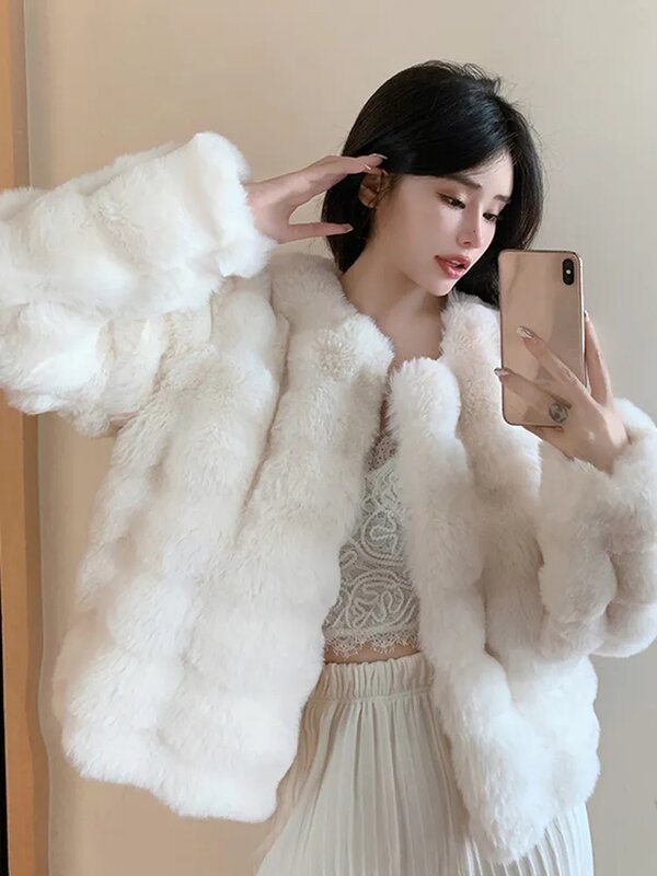 Casaco de cabelo de coelho feminino, pele de vison imitação quente, casual feminino grosso bege curto outwear, moda inverno 2022
