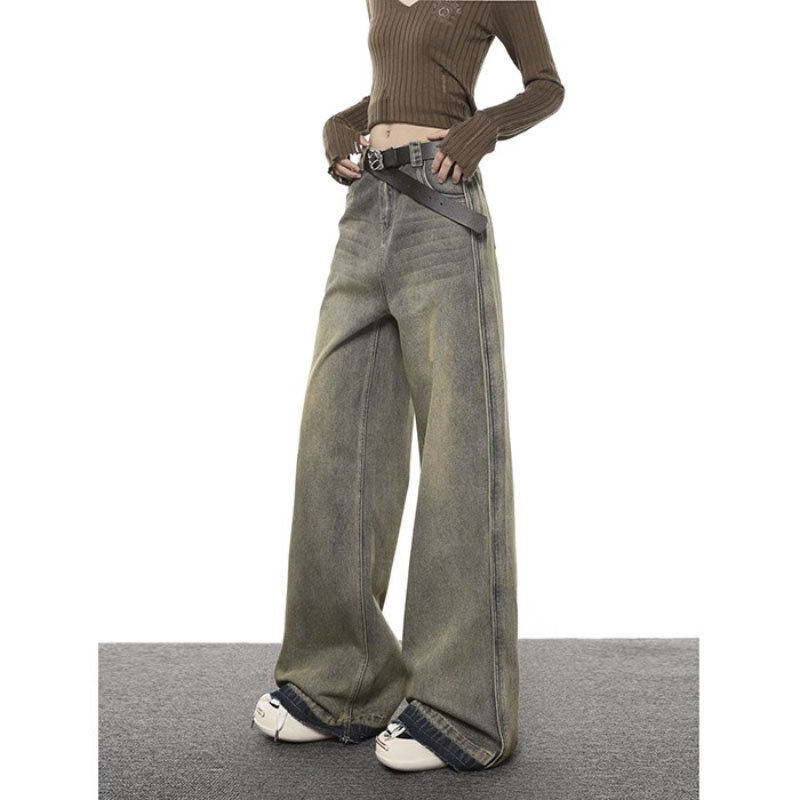 Pantalones vaqueros Vintage de pierna ancha para mujer, pantalón de cintura alta, estético, largo hasta el suelo, moda americana, Otoño, 2023