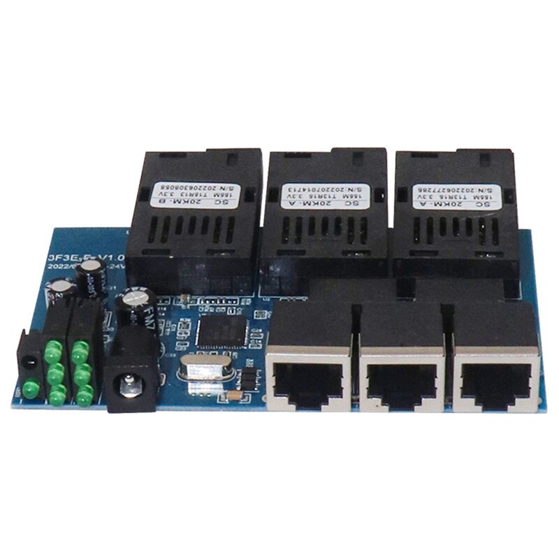 Switch in fibra Ethernet 100M PCBA Board convertitore multimediale ottico 20Km 3 Fiber 3 RJ45 supporto RPOE Simplex SC Switch in fibra