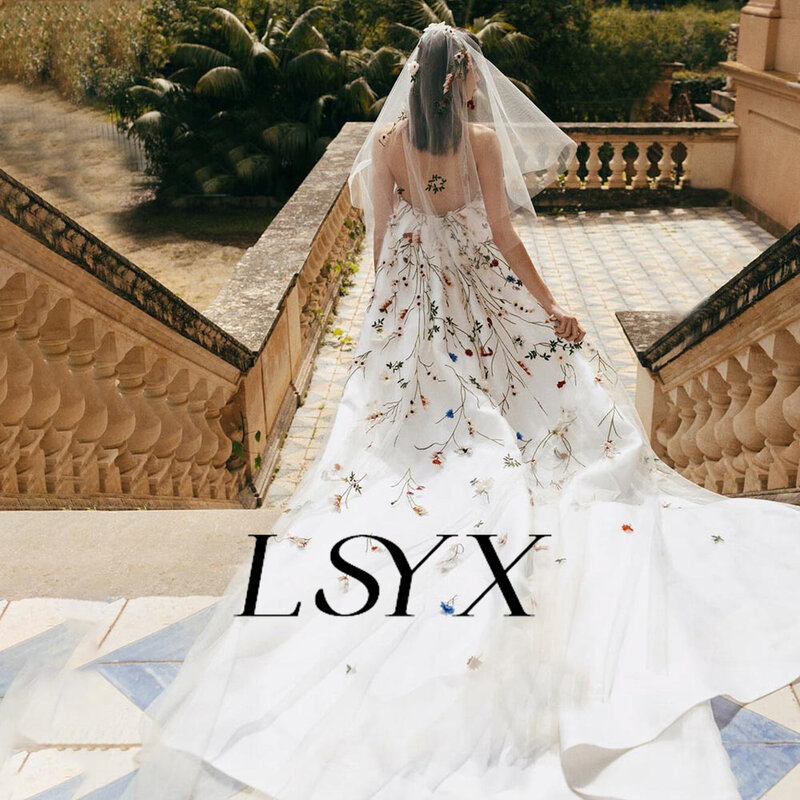 LSYX gaun pengantin pendek bordir bunga gaun pengantin Mini tanpa tali gaun pengantin buatan khusus