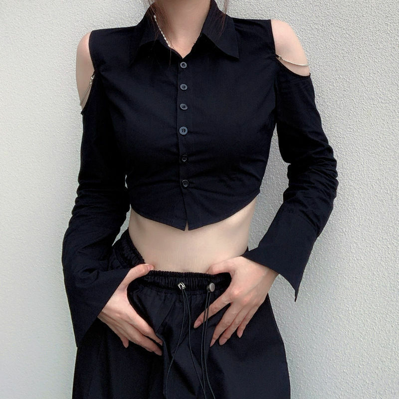 Deeptown Schwarz Frauen Blusen Off Schulter Sexy Cropped Top Gothic Y2k Tuniken Langarm Shirts Harajuku Mode Punk Goth Kpop