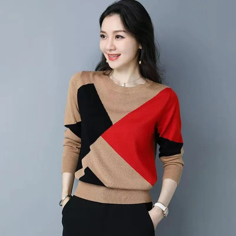 Элегантные модные вязаные пуловеры контрастных цветов с круглым вырезом для женщин, новинка 2023, длинные свитера, топ с рукавом, женская одежда