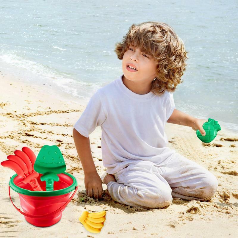 Beach Toys 8pcs Foldable Beach Bucket Toy Set Fun Shovel Fruit Mold Beach Toys Storage Sand Digging Tool Bucket Sand Toys
