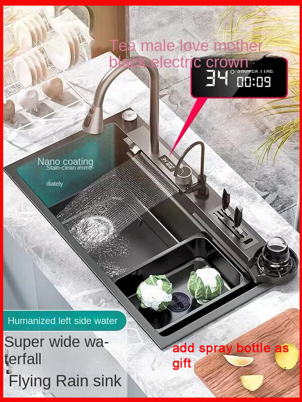 304 Stainless Steel Kitchen Waterfall Sink Digital Display Large Single Sink Dish Basin Sink With Multifunction Touch Waterfall