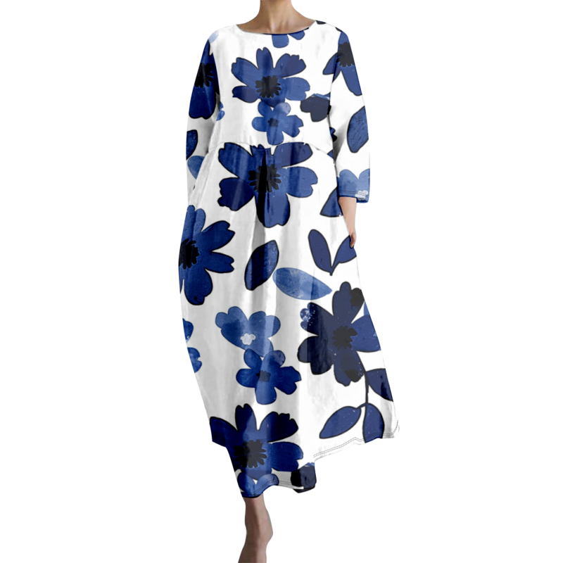 Robe Maxi Surdimensionnée à Fleurs Bleues pour Femme, Tenue de Plage Élégante, Éducative, Vacances, Printemps Été