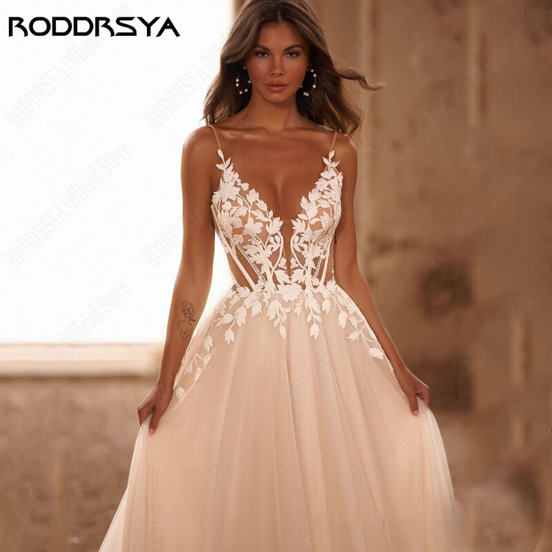 Roddrsya-Vネックの光沢のあるチュールウェディングドレス、スパゲッティストラップ、キラキラ、アップリケバックレス、ボヘミアンレース、ブライダルガウン、プラスサイズ