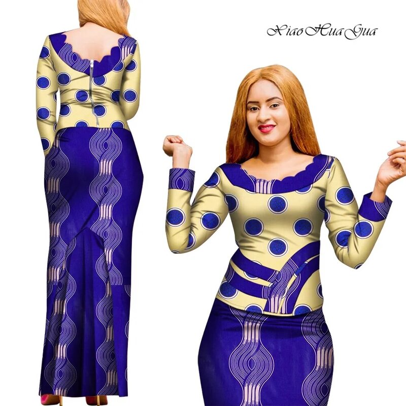 Conjunto de falda y Top africano para mujer, Blusa de manga larga con estampado africano y falda larga, traje Ankara WY8008, 2 uds.