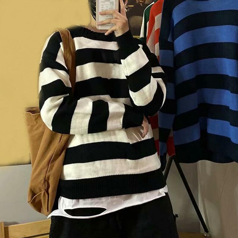 Men Autumn Sweater Warm Round Neck Long Sleeves Pullover Comfortable Striped Contrast Color Crew Neck Winter Sweater Men Clothes