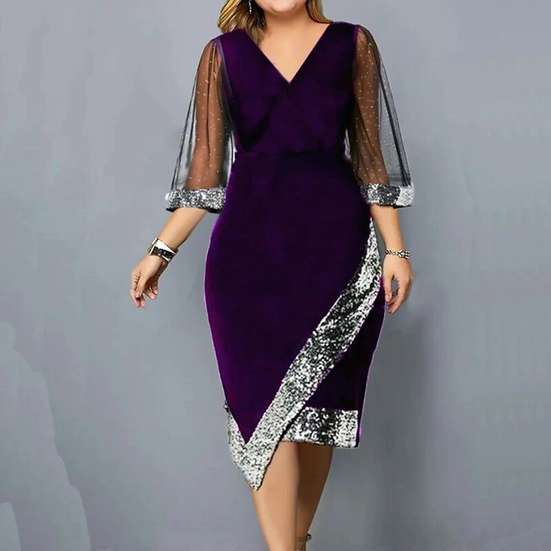 Elegante vestido de festa feminino, decote V com lantejoulas, manga de malha, veludo, irregular, ocasião formal, tamanho grande, 2023