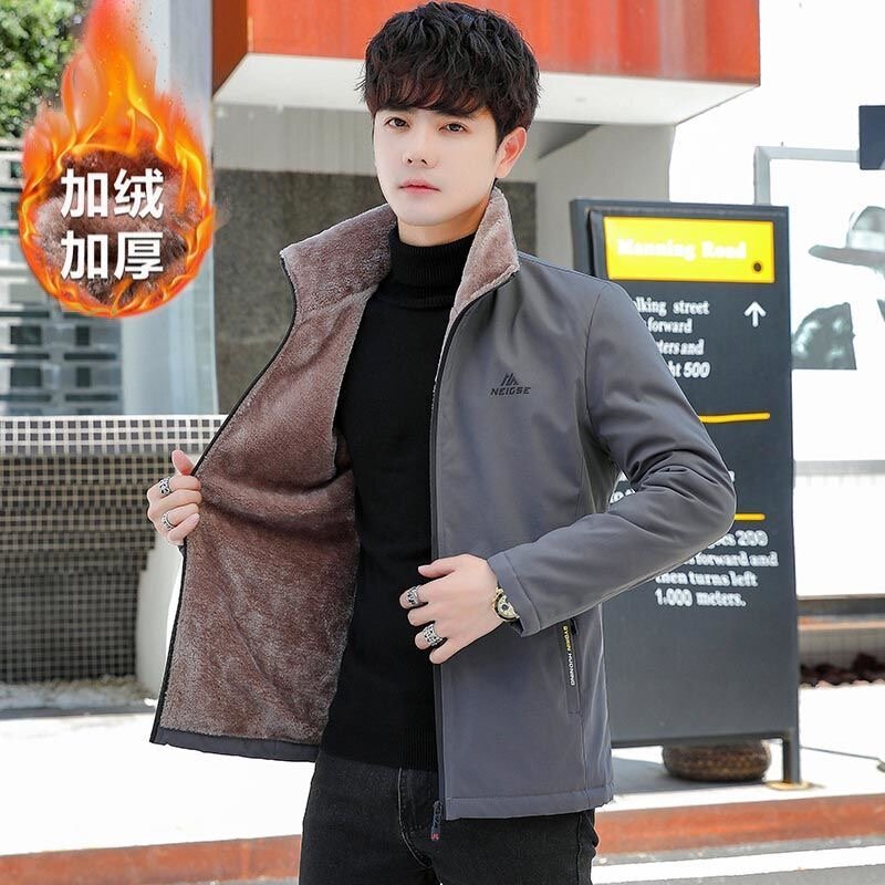 2024 Autumn and Winter New Fashion Solid Color Plus Fleece Thick Warm Cotton-Padded Jacket Men's Casual Loose Plus Size Coat