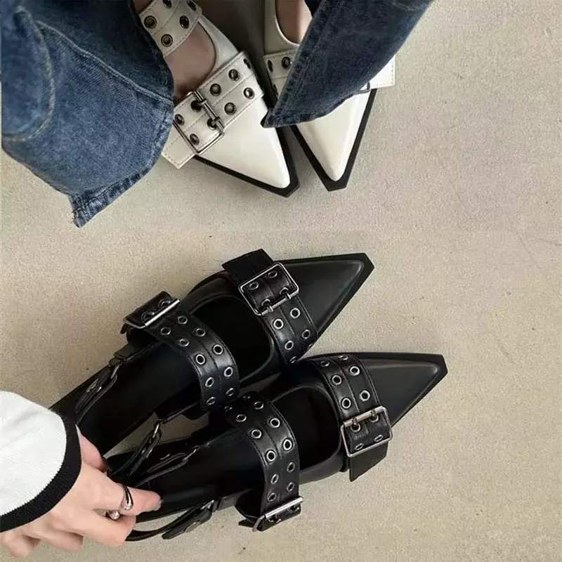 Slingback Shoes Gothic Chunky Heels Women's Pumps Rivet Street Style Medium Heel Punk Vintage Casual Sandals Spring Summer 2024