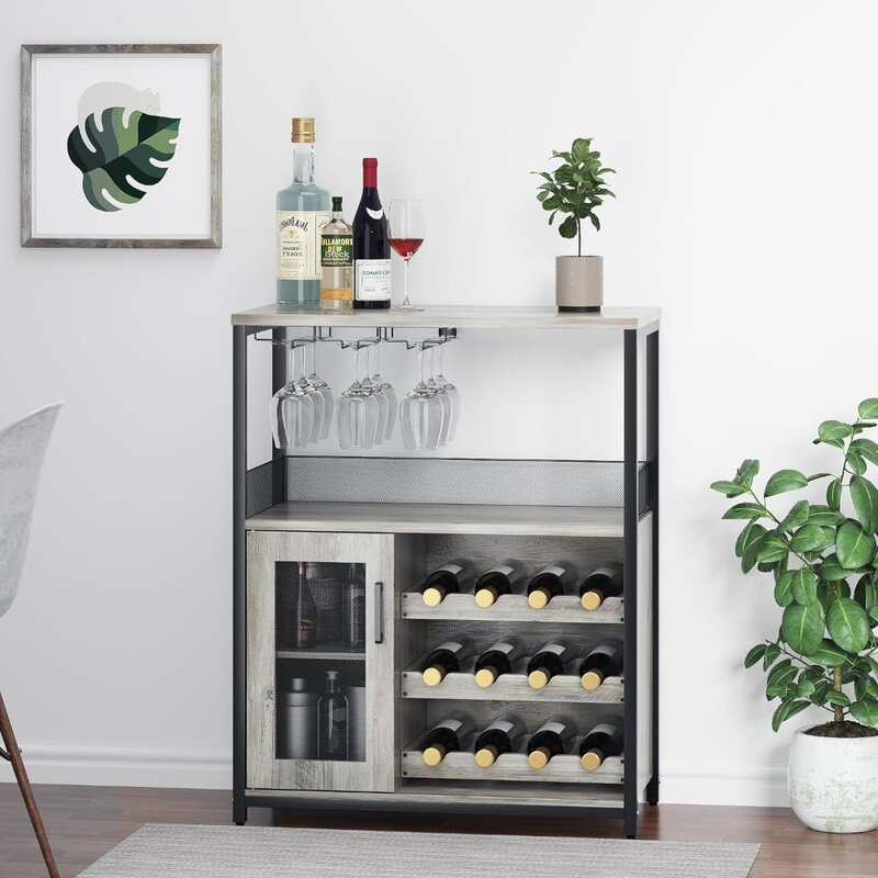 IDEALHOUSE 3-poziomowa szafka Bar winny z odpinanym stojakiem na wino i przestrzeń magazynowa, szafka w formie bufetu z stojak na kieliszki i drzwi z siatką,