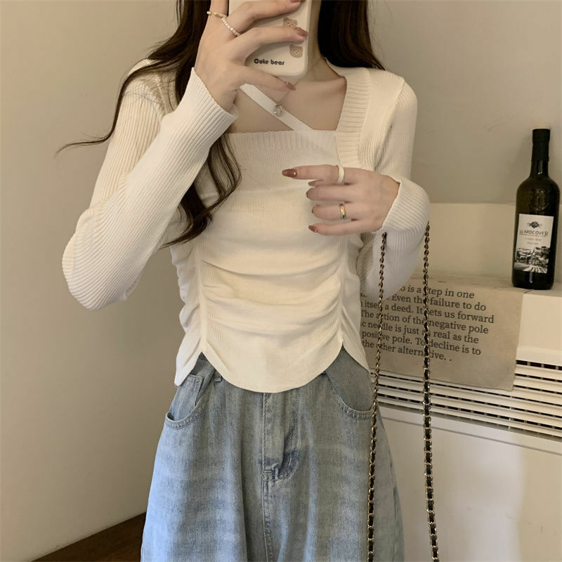 Pullover Casual da donna colletto quadrato Top Ruffles maglioni Chic Streetwear magliette da donna manica lunga squisita maglietta di base coreana