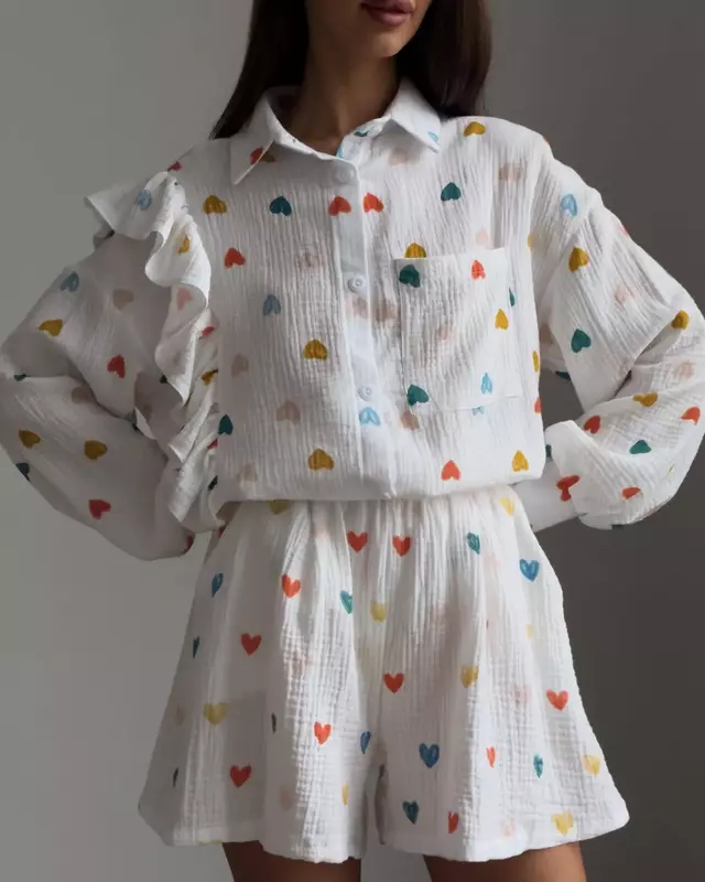 Conjunto de pijama de dos piezas para mujer, Camisa de algodón con volantes, pantalones cortos de manga larga, chándal informal de verano