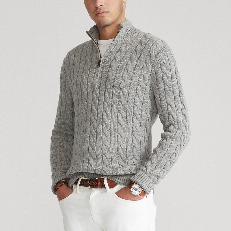남성용 따뜻한 두꺼운 니트, 트위스트 하프 터틀넥 풀오버 스웨터, 캐주얼 단색 니트 스웨터, 가을 겨울