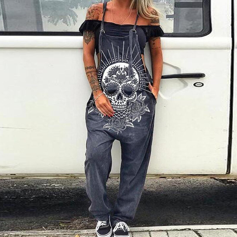 Womens Casual Summer Daisy Strappy Harajuku JumpSuits Romper Pocket Overalls Sleeveless Wide Leg Skull Printed Jumpsuit Oversize