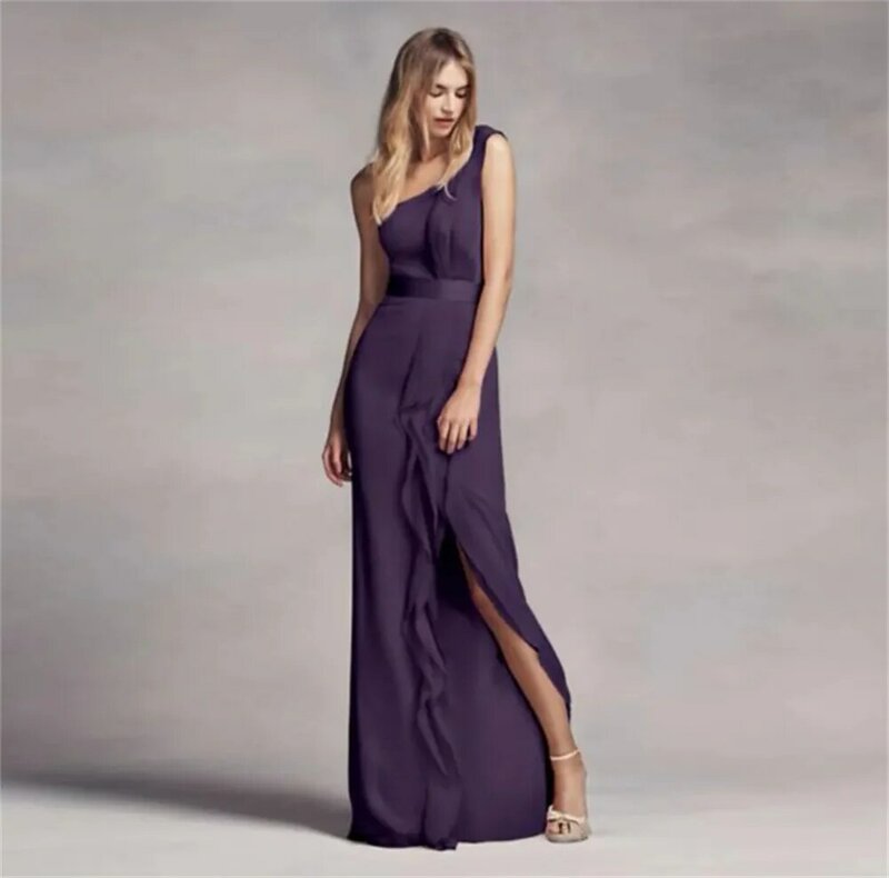 Klasyczna długa suknia dla druhny na jedno ramię z spódnica z falbanami szyfonową suknią weselną niestandardowa suknia wieczorowa sukienki wizytowe