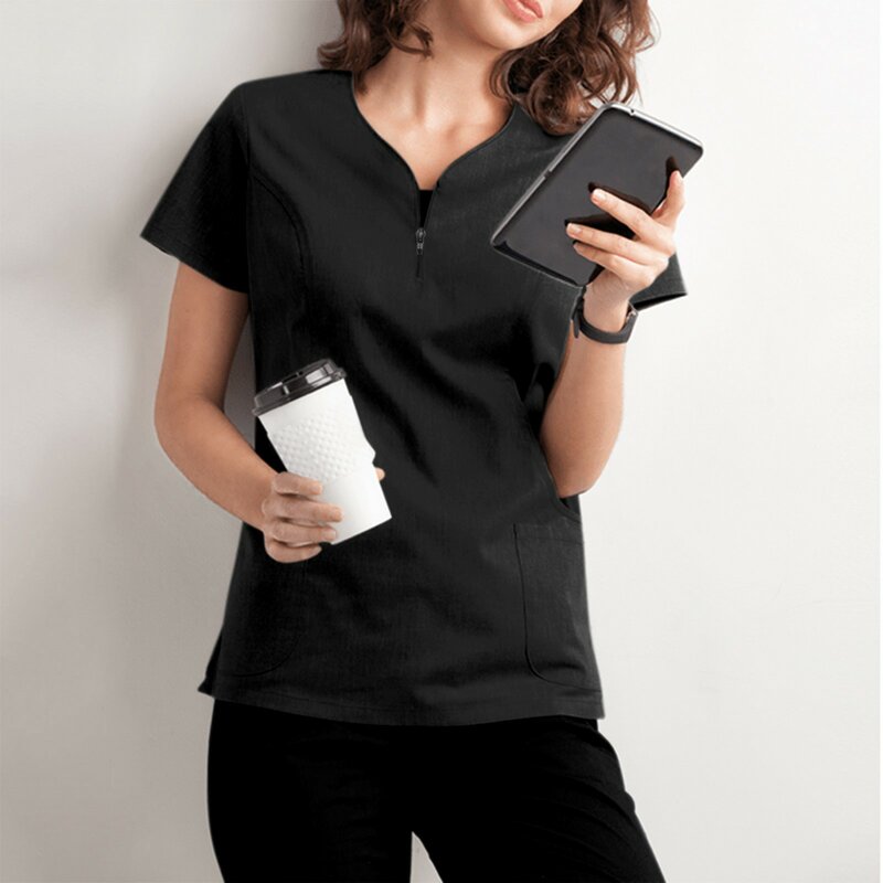 Jednolity kolor strój pielęgniarki bluzka klinika damskie bluzki z krótkim rękawem pracująca w mundurze pielęgnacyjnej bluzka Uniforme robotnicy topy