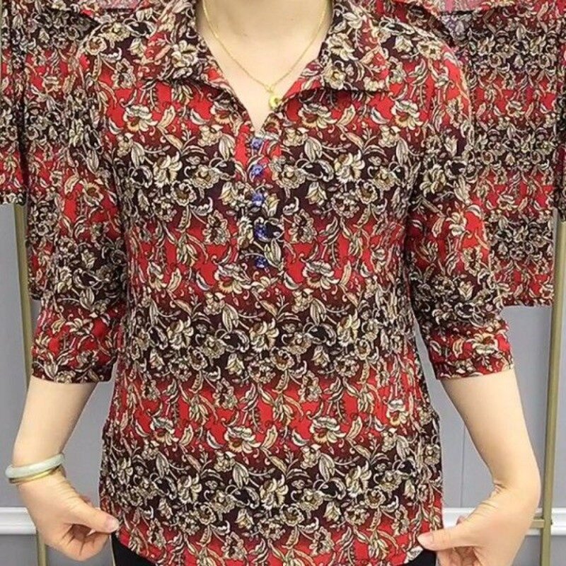 Blusa holgada informal de media manga para mujer, jersey con cuello vuelto y estampado de botones, moda elegante para verano, 2024
