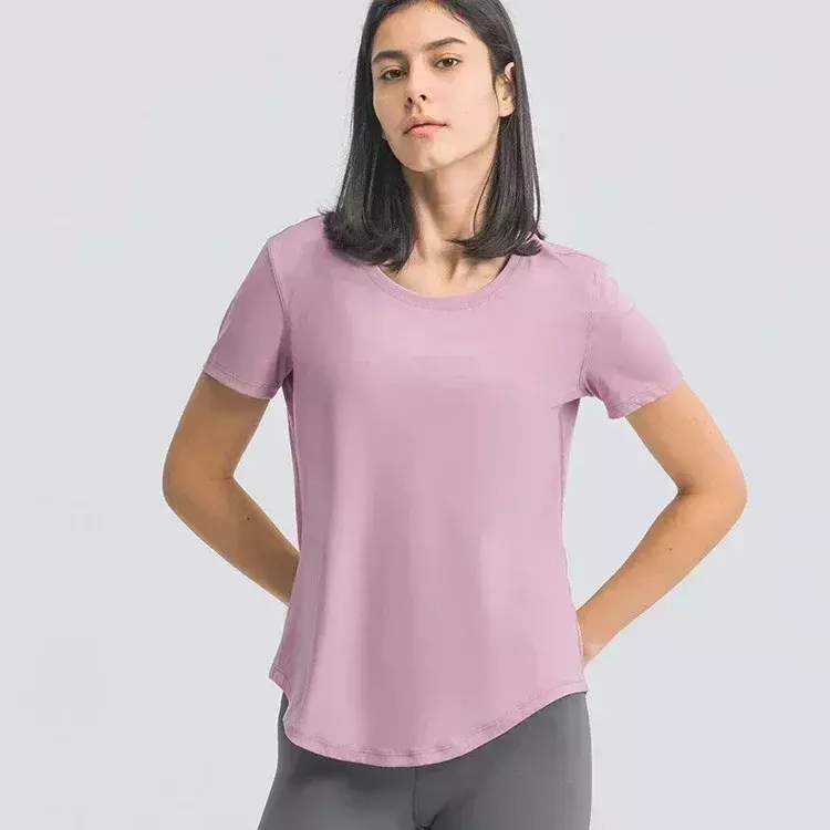 Lemon Women Loose Yoga Short Sleeve Breathable Running Sports Top Curved Hem Casual Shirt Elastic Speed Dry Fitness Clothing