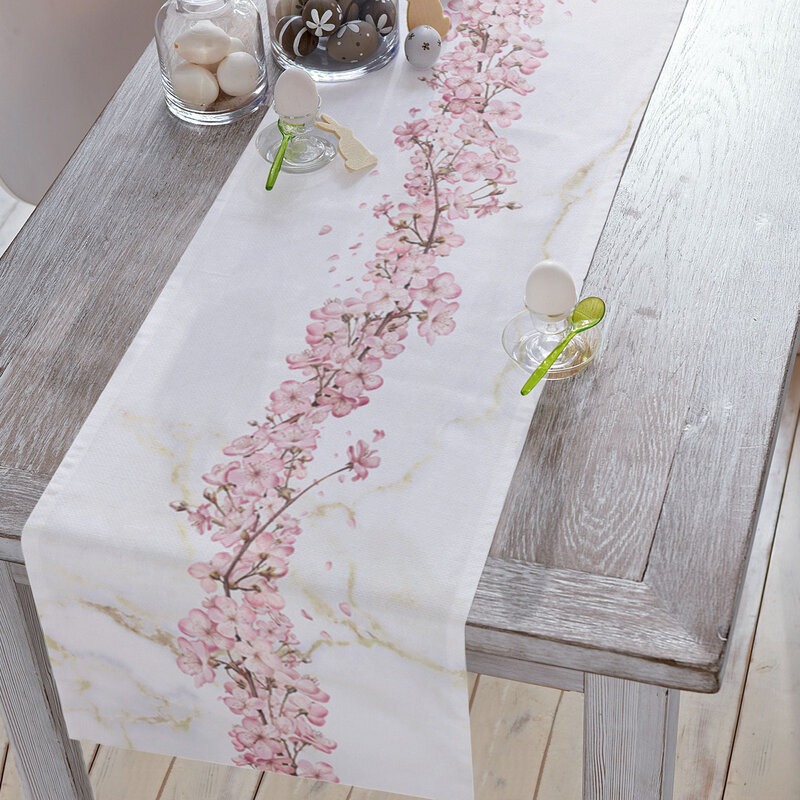 Camino de mesa con textura de mármol de flor de cerezo, tapete de mesa de boda para el hogar, centros de mesa, decoración de fiesta, comedor, mantel largo